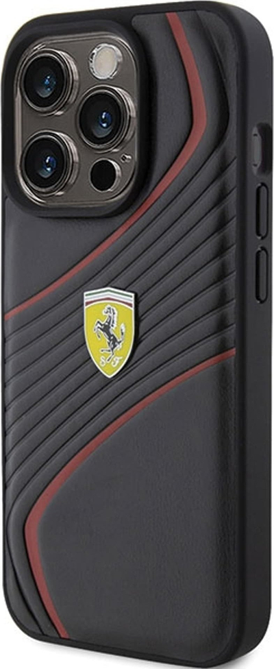 Mbulesë telefoni Ferrari Twist Metal Logo për iPhone 15 Pro 6.1", plastike, e zezë