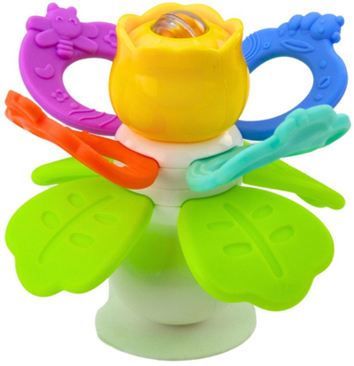 Lodër shqisore për beba Flower, me rrotullim, me kafshues dhe kupë thithëse, shumëngjyrëshe