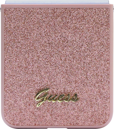Mbulesë telefoni Guess për Samsung Galaxy Z Flip5, glitter, logo metalike, rozë