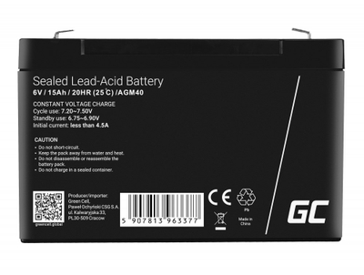 Bateri AGM VRLA AGM40, 6V, 15Ah, e zezë