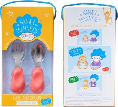 Set takëmesh për kalamaj Nanas Manners Stage 2, 1–3 vjeç, ergonomik, inox, rozë koral