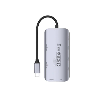 USB C хаб Јунитек D1122A01, 2x HDMI 4K, RJ 45, сив