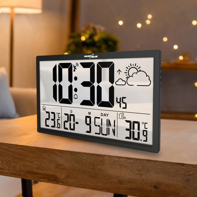 Orë murale GreenBlue GB218, ekran LCD shumë i madh, temperaturë dhe datë, e zezë