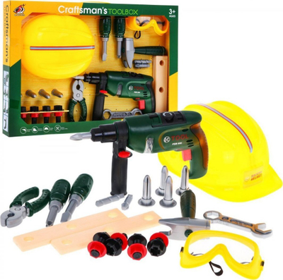 Set veglash lodër Craftsman Toolbox, me stërvitje elektrike, helmetë dhe syze, i verdhë