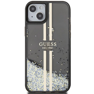Mbrojtëse telefoni Guess Liquid Glitter Gold Stripes për iPhone 15 Plus 14 Plus, TPU PC, me shkëlqim, e zezë