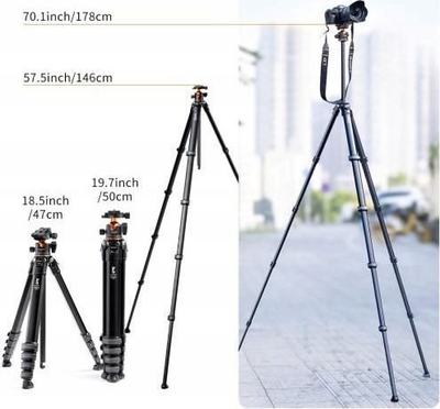 Tripod fotografik K&amp;F Concept KF09.105, lartësi 178 cm, mban deri 15 kg, ngjyrë e zezë