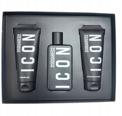 Set parfum për meshkuj Dsquared2 Icon, Eau de Parfum 100ml, xhel dushi dhe balsam pas rrojes 2x100ml, i zi