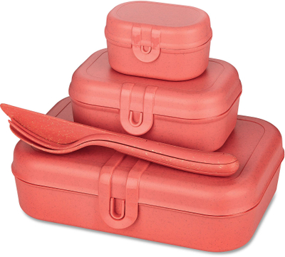 Set lunchbox Koziol PASCAL READY KLIKK, 3 kuti, me pirun thikë lugë, koral
