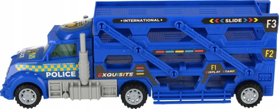 Set lodrash Mega Creative Truck Transporter Police, kamion policie me dy kate, aksesorë dhe makina të vogla, blu