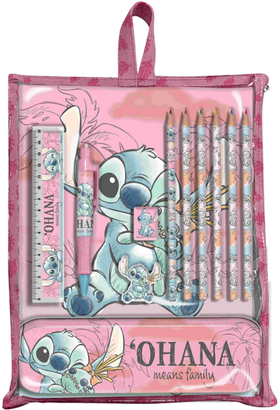 Set shkrimi Disney Stitch Ohana, penar metalik, lapsa me ngjyra, rozë