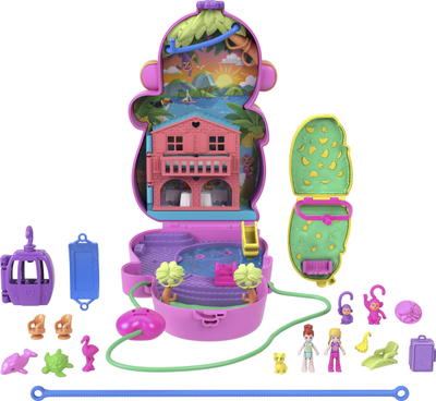 Set lodrash Polly Pocket Momma Monkey and Baby, kompakt 2 në 1, me aksesorë, shumëngjyrësh