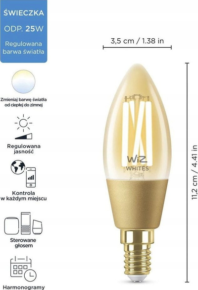 Llampë smart WiZ LED E14, 4.9W 25W, dritë e bardhë nga e ngrohtë në të ftohtë, transparente
