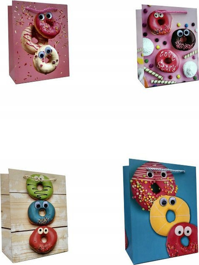 Qese dhuratash Ju Piter Donuts 303C, 18x23x12 cm, me donuts shumëngjyrëshe