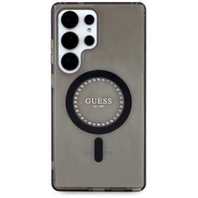 Këllëf telefoni Guess GUHMS25LPFTDTEK për Samsung S25 Ultra, magnetik IML, me gurë Rhinestones, i zi