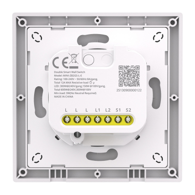 Çelës muri smart Sonoff MINI-ZB2GS-L-E, Zigbee me 2 kanale, pa tel neutral, i bardhë