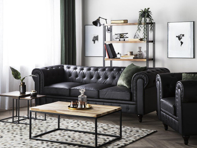 Divan 3 vendësh CHESTERFIELD, lëkurë sintetike, stil klasik, i zi