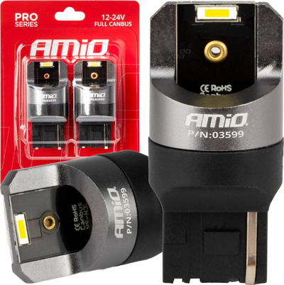Llambë LED automobilistike Amio 03599, W21W 7440, CANBUS, e bardhë