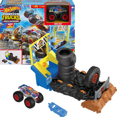 Set loje Hot Wheels Monster Trucks Smash Race Challenge, pistë garash, me kamion Race Ace, shumëngjyrësh