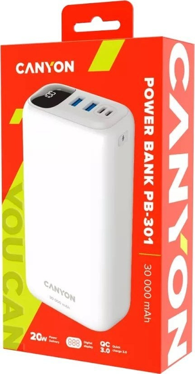Powerbank Canyon CNE-CPB301W, 30000mAh, Quick Charge 3.0 PD, i bardhë