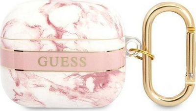 Futrollë mbrojtëse Guess Marble Strap Collection për AirPods 3, me unazë varëse, rozë