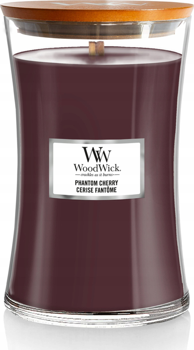 Миризлива свеќа WoodWick Phantom Cherry, 180 часа, hourglass, мирис на црна вишна