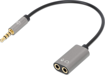 Adapter audio Manhattan 356107, 3.5mm mashkull në 2x 3.5mm femër, 20cm, argjend e zezë