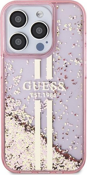 Këllëf telefoni Guess Liquid Glitter Gold Stripes për iPhone 15 Pro Max, i fortë, me shkëlqim, rozë