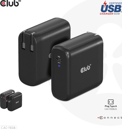 Karikues udhëtimi Club 3D CAC-1908, 100W GaN, USB Type C PD 3.0, i zi