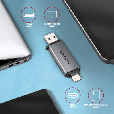Lexues kartelash i jashtëm Axagon CRE-DAC, USB 3.2 Gen 1 Type-C dhe Type-A, SD dhe microSD, metalik
