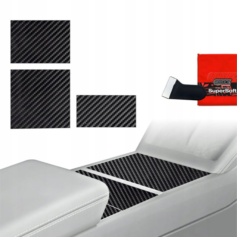 Folie interieri GRIZZ 3in1 Carbon Glossy për Tesla Model 3 Highland 2024‑2026, set për konsol qendrore, karbon me shkëlqim, e zezë