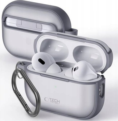 Kuti mbrojtëse Tech-Protect Magmat për Apple AirPods Pro 1 2, TPU PC, me karabinë, gri mate