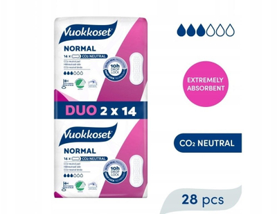 Хигиенски влошки Vuokkoset White Normal, без крилца, двопакување 2x14 парчиња, природни