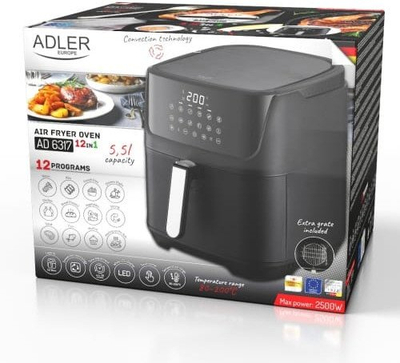 Fritezë pa vaj Adler, 5.5L, 12 programe, 2500W, e zezë