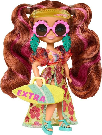 Kukull Barbie Extra Minis Travel, 14 cm, me aksesorë plazhi, shumëngjyrëshe