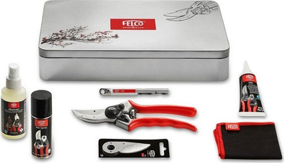 Set mirëmbajtjeje FELCO 933, gërshërë krasitëse, kuti metalike, e kuqe