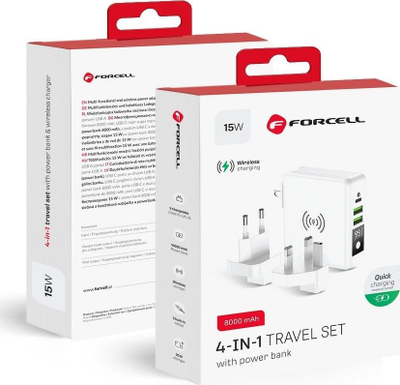Karikues udhëtimi ForCell 4 në 1, 8000mAh, 2x USB A 1x USB C, i bardhë