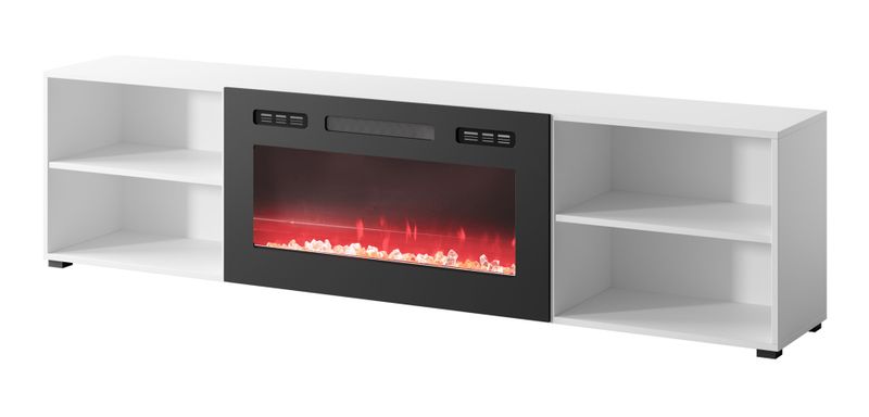 Komodë TV Cama Meble Polo, 200x33x50.5 cm, me oxhak elektrik, e bardhë e zezë
