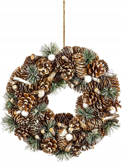 Kurorë dekorative Feeric Christmas, 34 cm, me gëlqerë pishe, kafe