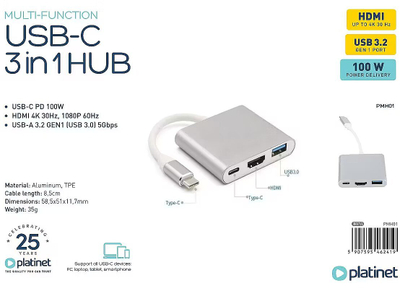 Adapter multimedia Platinet 3në1 46241, USB-C PD 100W, HDMI 4K, gri