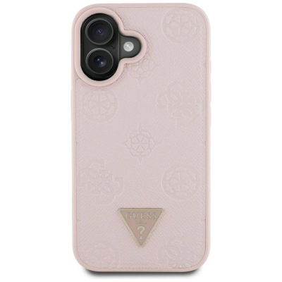 Заштитна маска Guess Grained Hot Stamp Peony Triangle Logo MagSafe за iPhone 16, компатибилна со MagSafe, светло розова