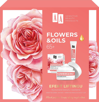 Set dhurate kozmetike AA Flowers &amp; Oils Lifting Effect 65+, krem dite e nate, krem sysh edhe buzësh