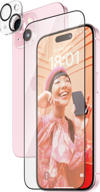 Xham mbrojtës PanzerGlass 2‑in‑1 për iPhone 15, Ultra‑Wide Fit, EasyAligner, transparent