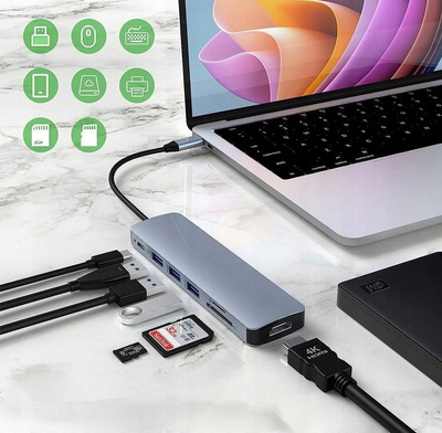 Adapter USB C Platinet Multimedia 7in1, HDMI, Power Delivery 100W, gri