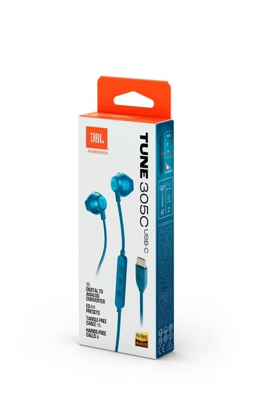 Слушалки со кабел JBL Tune 305C, во уво, USB Type C, сини