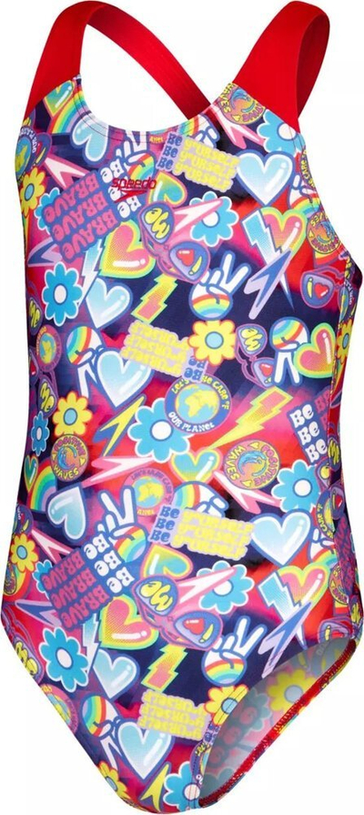 Kostum noti për goca Speedo Girl's Splashback, ECO Endurance+, me print shumëngjyrësh, blu me të kuqe