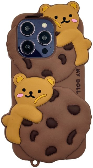 Mbrojtëse telefoni 3D Cookie Bear për iPhone 14 Pro, silikon, kafe