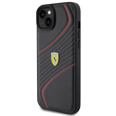 Mbrojtëse telefoni Ferrari Twist Metal Logo për iPhone 15 Plus 6.7", lëkurë ekologjike, e zezë