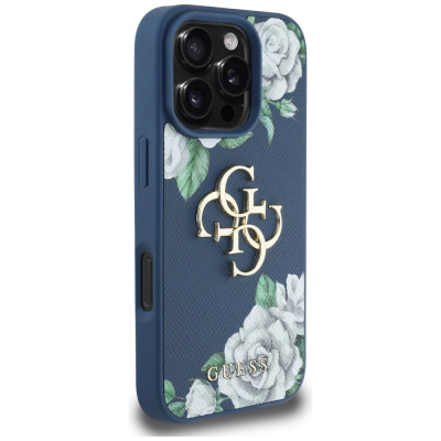 Mbrojtëse telefoni Guess Grained Roses Big 4G Logo për iPhone 16 Pro, kapak mbrapa, blu
