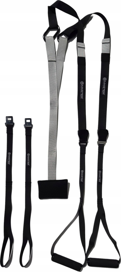 Set rripash trajnimi Master Suspension Trainer, ushtrime me peshën e trupit, me doreza dhe çantë për me e marrë me vete, i zi