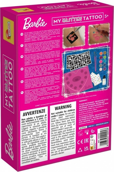 Set kreativ Lisciani Barbie Glitter Tattoos, tatu punish me shkëlqim, 5+
